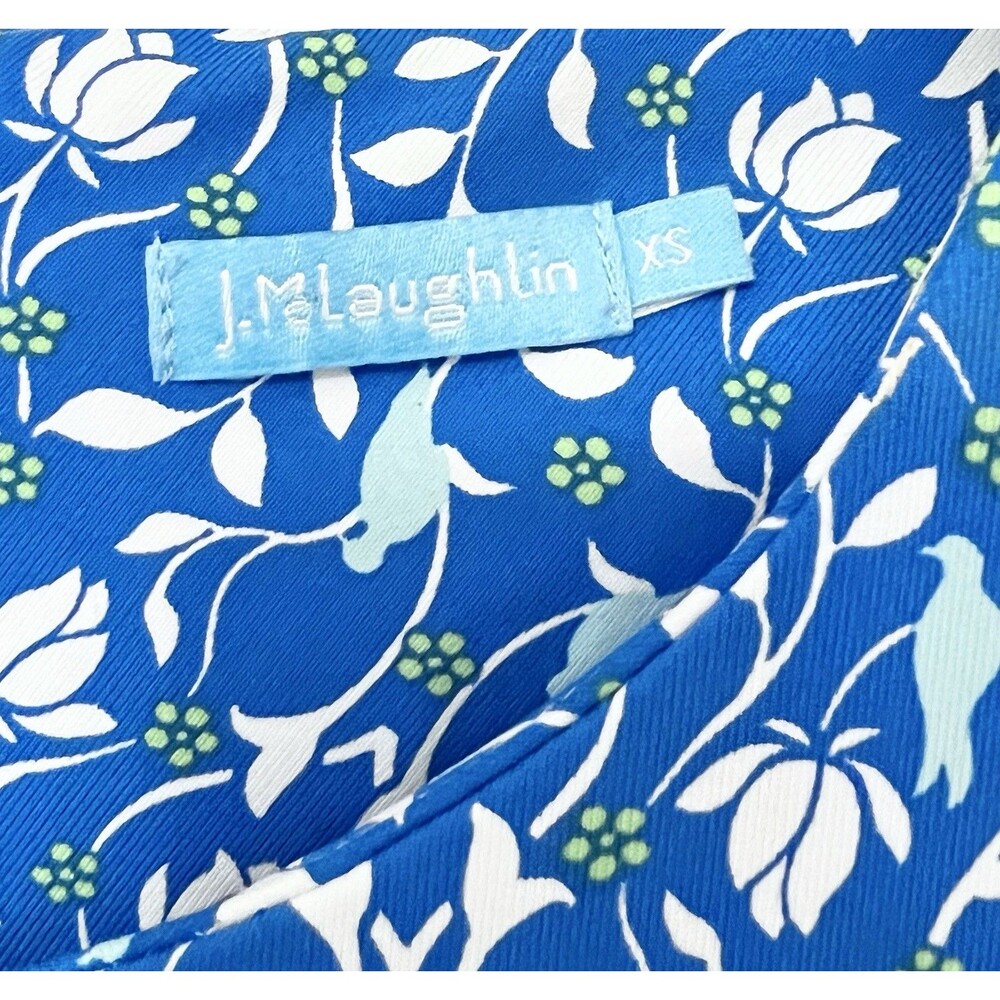 J MCLAUGHLIN Havana Catalina Cloth Sheath Dress Floral Blue Bird Faux Wrap Sz XS - Picture 8 of 9
